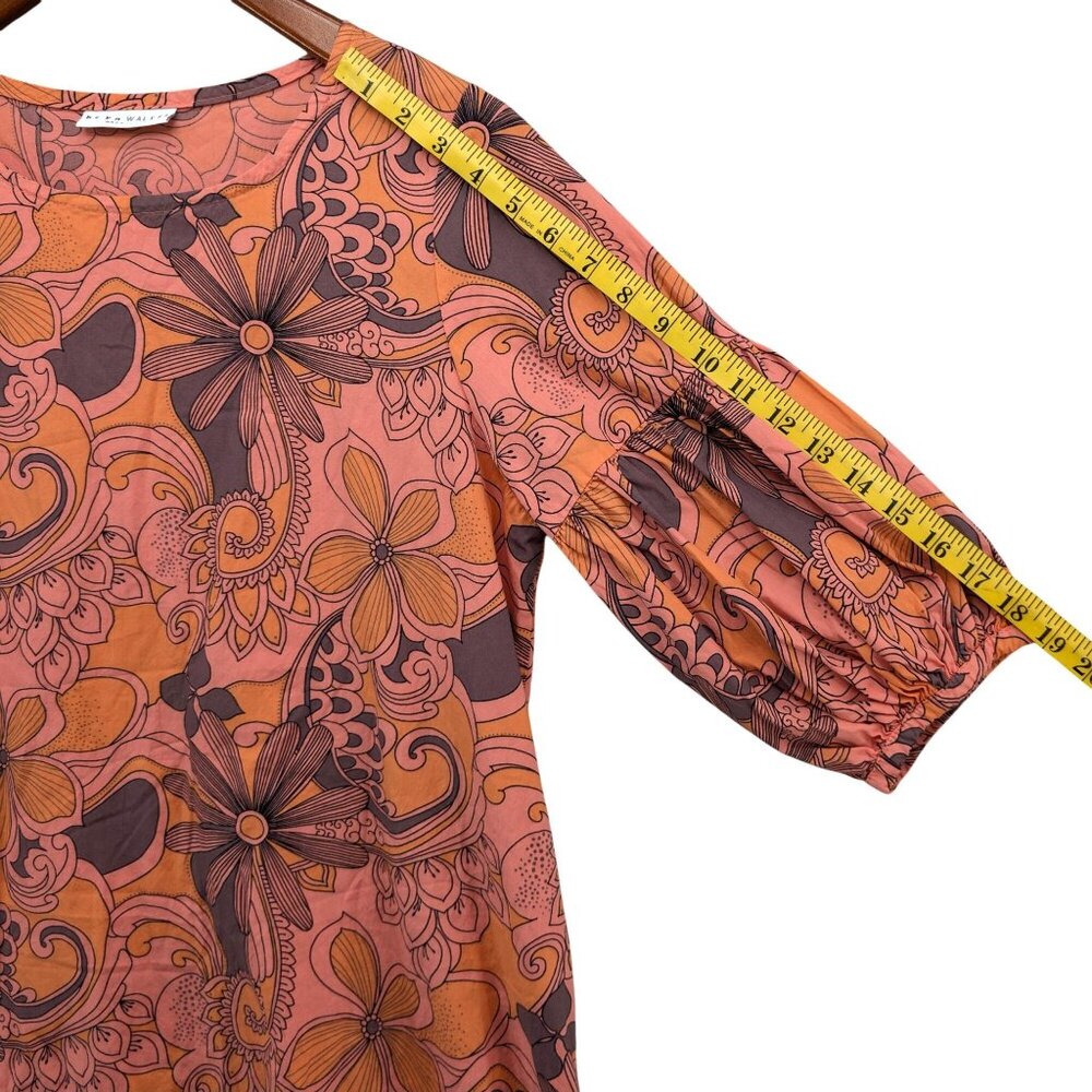 Bryn Walker Mini Shirt Dress Orange Pink Floral Puff Sleeve Peasant Boho Size S - Picture 8 of 9